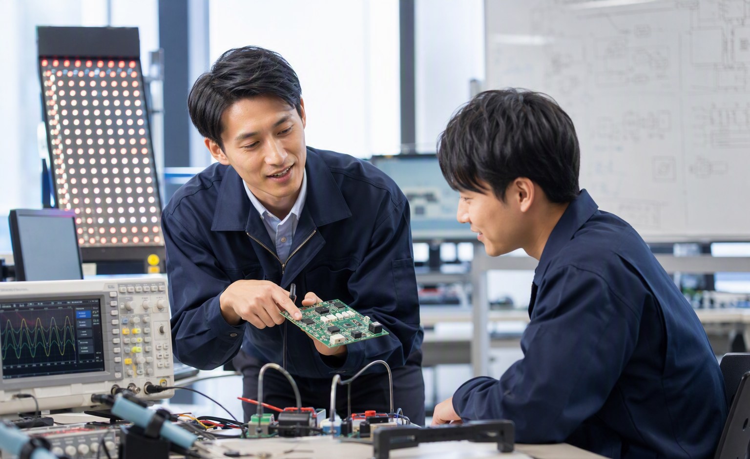 プリント基板について先輩社員に教わる若手エンジニア